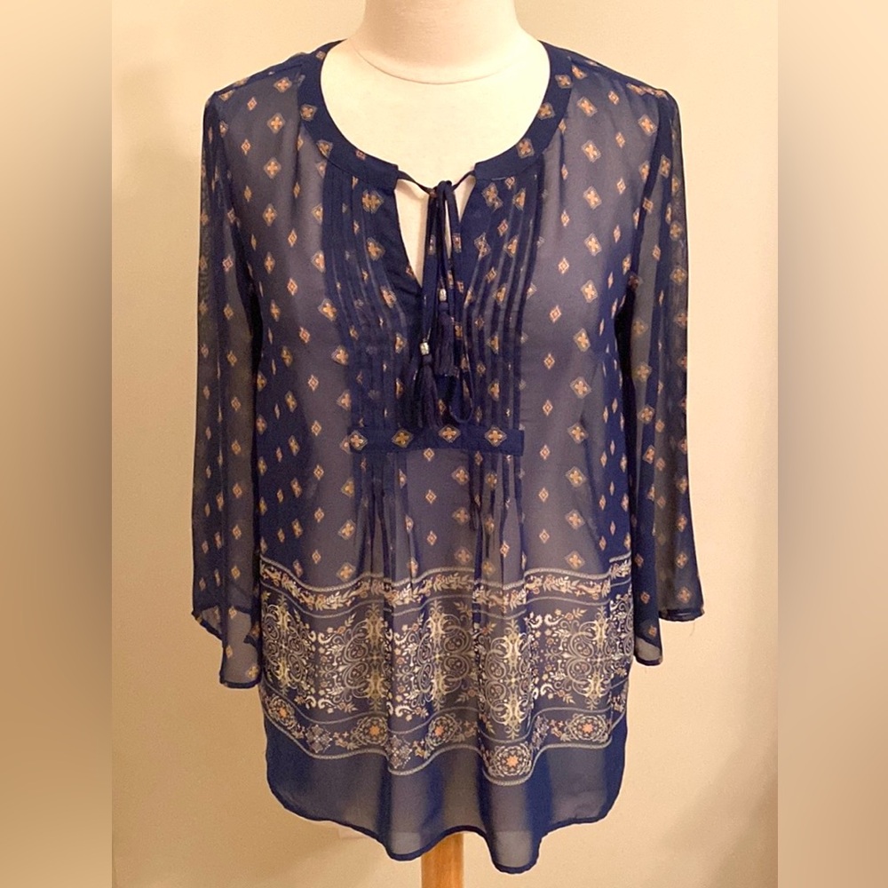 Black Rainn Blue Orange Geometric Long Sleeve Pin-tucked Semi Sheer Top Size S